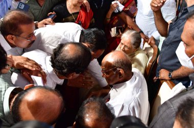 MUMBAI INDIA MAY 2 2023 Nationalist Congress Party NCP chief Sharad Pawar with his wife at the launch of the second part of his autobiography Lok Majhe Sangati Political Autobiography made the announcement of his retirement at Y B Chavan Centre  clipart