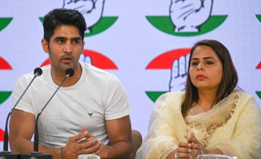 NEW DELHI INDIA MAY 4 2023 Congress Party leader and Boxer Vijender Singh and Amrita Dhawan during the press conference on the issue of Wrestler s protest at AICC headquarter on May 4 2023 in New Delhi India Speaking to the media the grapplers said t clipart