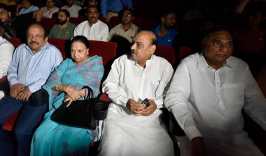 NEW DELHI, INDIA: MAY 8 2023 - BJP National General Secretary Tarun chugh shyam jaju Delhi BJP President Virendra Sachdeva with LOP Ramvir Singh Bidhuri and MP Dr Harshvardhan with wife join a Special Screening of Hindi Movie THE KERALA STORY. clipart