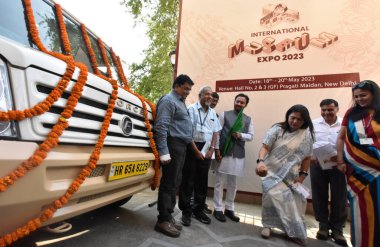 NEW DELHI INDIA MAY 10 2023 Union Minister for Culture Tourism and DoNER G Kishan Reddy Minister of State for Culture and External Affairs Meenakshi Lekhi and others Lunch a Mobile museum van after address a Press Conference on International Museum E clipart