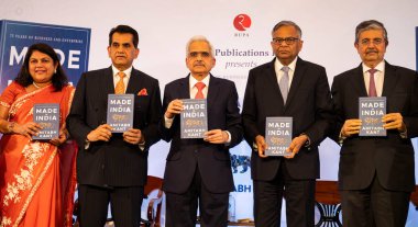 MUMBAI INDIA MAY 12 2023 L to R Falguni Nayar CEO Nykaa Amitabh Kant Author Shastikanta Das Governor RBI N Chandrasekaran Chairman Tata Sons and Uday Kotak CEO Kotak Mahindra Bank during the launch of the book Made in India by Amitabh Kant at Taj Mah clipart