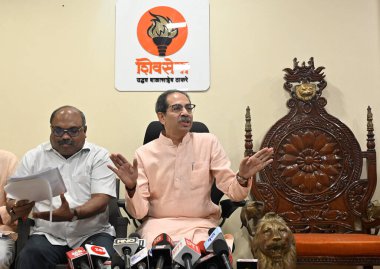 MUMBAI INDIA MAY 12 2023 Shiv Sena UBT chief Uddhav Thackeray alongside party leader MLA Anil Parab addresses the media during a press conference at Matoshree Bandra East on May 12 2023 in Mumbai India Photo by Vijay Bate Hindustan Times clipart