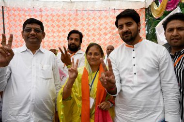 GREATER NOIDA INDIA MAY 13 2023 Bharatiya Janata Party s Geeta Sharma won the chairperson post for Dadri Municipality on Friday This is her third win from the urban local body on May 13 2023 in Greater Noida India The Bhartiya Janata Party swept the  clipart