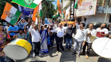 MUMBAI INDIA MAY 13 2023 Congress workers celebrate victory as the party sweeps Karnataka assembly elections at Thane Congress Office in Thane on May 13 2023 in Mumbai India Congress has won 135 seats well above the majority mark of 113 seats in a 22 clipart