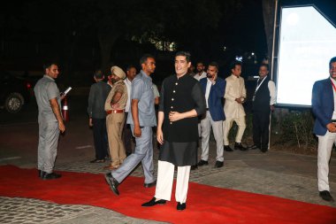 NEW DELHI INDIA MAY 13 2023 Bollywood fashion designer Manish Malhotra during the engagement ceremony of Bollywood actor Parineeti Chopra and AAP leader Raghav Chadha at Kapurthala House on May 13 2023 in New Delhi India The couple who have been dati clipart