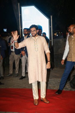 NEW DELHI INDIA MAY 13 2023 Aditya Thackeray during the engagement ceremony of Bollywood actor Parineeti Chopra and AAP leader Raghav Chadha at Kapurthala House on May 13 2023 in New Delhi India The couple who have been dating for some time received  clipart