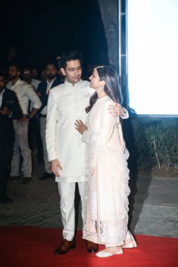 NEW DELHI INDIA MAY 13 2023 Bollywood actor Parineeti Chopra and AAP leader Raghav Chadha during their engagement ceremony at Kapurthala House on May 13 2023 in New Delhi India The couple who have been dating for some time received the blessings of t clipart