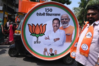 NAVI MUMBAI INDIA OCTOBER 28 2024 BJP Candidate Ganesh Naik files his nomination from Airoli constituency at Airoli on October 28 2024 in Navi Mumbai India The Maharashtra Assembly elections are scheduled for November 20 with countung for all 288 con clipart