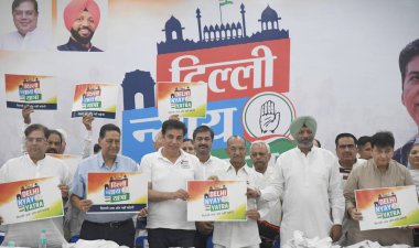 NEW DELHI INDIA OCTOBER 28 2024 Delhi Pradesh Congress Committee President Devender Yadav Subhash Chopra and Jai Prakash Aggarwal and others Leaders launch the Delhi Nyay Yatra at the Constitution Club Vithalbhai Patel House Rafi Marg on October 28 2 clipart