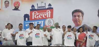 NEW DELHI INDIA OCTOBER 28 2024 Delhi Pradesh Congress Committee President Devender Yadav Subhash Chopra and Jai Prakash Aggarwal and others Leaders launch the Delhi Nyay Yatra at the Constitution Club Vithalbhai Patel House Rafi Marg on October 28 2 clipart