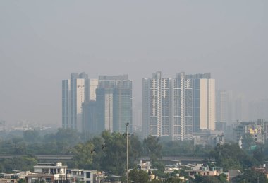 NOIDA INDIA OCTOBER 28 Ekim 2024 'te Noida Hindistan' da 28 Ekim 2024 'te sisli havada yutulan yükseliş Noida otoritesi, organizatör ve apartman sahipleri derneklerinden konut kulelerine hava baskınlarını hafifletmek amacıyla sis tabancası yerleştirmelerini istedi.