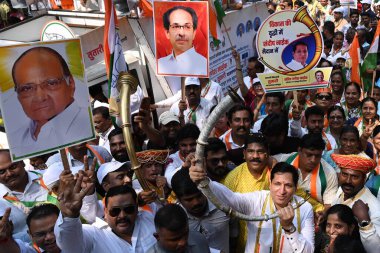 NAVI MUMBAI INDIA OCTOBER 28 2024 NCP SP Candidate from Belapur assembly constituency Sandeep Naik files his nomination at Nerul on October 28 2024 in Navi Mumbai India The Maharashtra Assembly elections are scheduled for November 20 with countung fo clipart