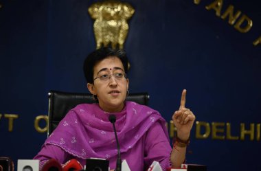 NEW DELHI INDIA MAY 15 2023 Delhi Education Minister Atishi addresses during the press conference to discuss the first ever Class 10 and 12 results of Delhi Government Delhi Board of School at Media Centre Delhi Secretariat clipart