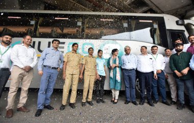 NEW DELHI INDIA MAY 16 2023 GreenCell Mobility CEO and MD Devendra Chawla with Mahua Acharya and women passengers at the flag off ceremony of India s first all women intercity bus from ISBT on May 16 2023 in New Delhi India Photo by Sonu Mehta Hindus clipart