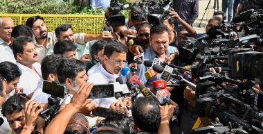 NEW DELHI INDIA MAY 17 2023 Congress leader and Rajya Sabha Member Randeep Surjewala talking with Media Person on the issue of Karnataka Chief Minister after meeting Mallika Arjun Kharge s house at 10 Rajaji Marg on May 17 2023 in New Delhi India Pho clipart