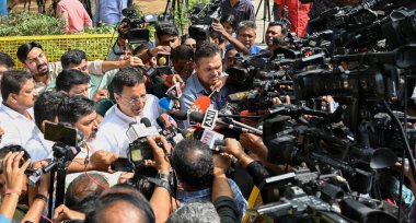 NEW DELHI INDIA MAY 17 2023 Congress leader and Rajya Sabha Member Randeep Surjewala talking with Media Person on the issue of Karnataka Chief Minister after meeting Mallika Arjun Kharge s house at 10 Rajaji Marg on May 17 2023 in New Delhi India Pho clipart