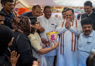 MUMBAI INDIA MAY 17 2023 Bharatiya Janata Party national President JP Nadda Devendra Fadnavis Deputy Chief Minister of Maharashtra attend Labharthi Sammelan at RBK Hall Ghatkopar Mankhurd Link Road Photo by Satish Bate Hindustan Times clipart