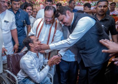 MUMBAI INDIA MAY 17 2023 Bharatiya Janata Party national President JP Nadda Devendra Fadnavis Deputy Chief Minister of Maharashtra attend Labharthi Sammelan at RBK Hall Ghatkopar Mankhurd Link Road on May 17 2023 in Mumbai India Photo by Satish Bate  clipart