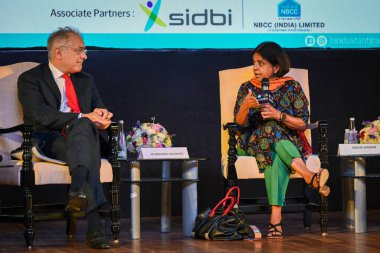 NEW DELHI INDIA MAY 18 2023 Ugo Astuto Ambassador of the delegation of EU to India Sunita Narain Director General of Center for Science and Environment CSE seen during a panel discussion during the Hindustan TimesG20 Agenda at Ambedkar International  clipart