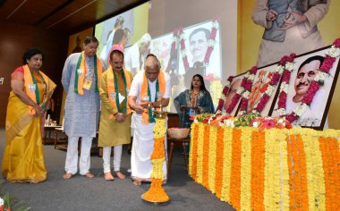 NEW DELHI INDIA MAY 18 2023 BJP National General Secretary BL Santhosh along with BJP National Secretary Alka gurjar BJP National Vice President Baijayant Jay Panda President Virendra Sachdeva Leader of Opposition of Delhi Ramvir Singh Bidhuri Light  clipart