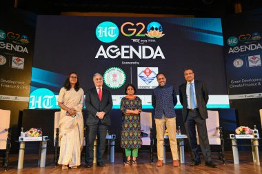 NEW DELHI INDIA MAY 18 2023 Ugo Astuto Ambassador of the delegation of EU to India Sunita Narain Director General of Center for Science and Environment CSE Dr Arunabha Ghosh CEO of CEEW Sumant Sinha CEO of ReNew seen during a panel discussion during  clipart