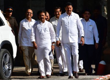 MUMBAI INDIA MAY 19 2023 A delegation of Congress led by Maharashtra Pradesh Congress Committee President Nana Patole with party leaders Prithviraj Chavan and Naseem Khan comes out after meeting the Director General of Police DGP Maharashtra at Colab clipart