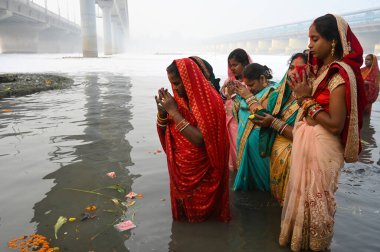 NOIDA NODYA NOVEMBER 8. 2024 Dindar, Arghya 'yı, Chhas Puja Festivali' nin dördüncü ve son günü Yamuna Nehri 'nde doğan güneşe adama ritüelini gerçekleştiriyor. 