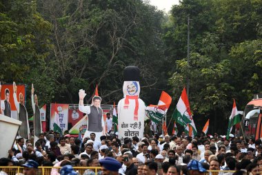 NEW DELHI INDIA NOVEMBER 8 2024 Delhi Pradesh Congress Committee President Devender Yadav along with Himachal Pradesh Chief Minister Sukhvinder Singh Sukhu and AICC Treasurer Ajay Maken during the flag off the month long Delhi Pradesh Congress Commit clipart