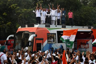 NEW DELHI INDIA NOVEMBER 8 2024 Delhi Pradesh Congress Committee President Devender Yadav along with Himachal Pradesh Chief Minister Sukhvinder Singh Sukhu and AICC Treasurer Ajay Maken during the flag off the month long Delhi Pradesh Congress Commit clipart