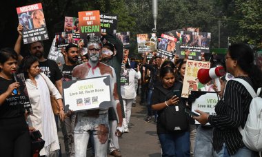 NEW DELHI INDIA NOVEMBER 9. 2024 İnsanlar, 9 Kasım 2024 'te Jantar Mantar' da hayvanlara yönelik hayvan istismarına ve kişilik statüsüne karşı protesto düzenlediler. 