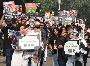 NEW DELHI INDIA NOVEMBER 9 2024 People stage a protest against animal abuse and demand personhood status for animals at Jantar Mantar on November 9 2024 in New Delhi India People Join hundreds of concerned citizens across the country as we raise our  clipart