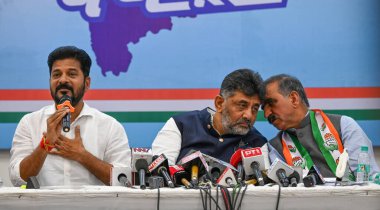 MUMBAI INDIA NOVEMBER 9 2024 Telangana Chief Minister Revanth Reddy Karnataka Deputy Chief Minister DK Shivakumar and Himachal Pradesh Chief Minister Sukhvinder Singh Sukhu address a joint press conference ahead of the Maharashtra Assembly elections  clipart