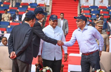 NEW DELHI INDIA NOVEMBER 9 2024 Vinai Kumar Saxena Lieutenant Governor of Delhi along with Sanjay Arora Commissioner of Police and Virender Sehwag arrives during the opening ceremony of 73rd All India Police Athletics Cluster Championship 2024  clipart