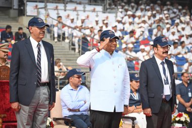 NEW DELHI INDIA NOVEMBER 9 2024 Vinai Kumar Saxena Lieutenant Governor of Delhi along with Sanjay Arora Commissioner of Police during the opening ceremony of 73rd All India Police Athletics Cluster Championship 2024 25 at JLN Stadium on November 9 20 clipart