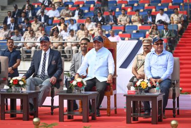 NEW DELHI INDIA NOVEMBER 9 2024 Vinai Kumar Saxena Lieutenant Governor of Delhi along with Sanjay Arora Commissioner of Police and Virender Sehwag during the opening ceremony of 73rd All India Police Athletics Cluster Championship 2024  clipart