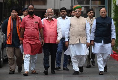 NEW DELHI INDIA NOVEMBER 11 2024 BJP delegation comprising Arjun Ram Meghwal Arun Singh Om Pathak Sanjay Mayukh and Shehzad Poonawalla leaves after meeting with Election Commission of India ECI at Nirvachan Sadan on November 11 2024 in New Delhi Indi clipart