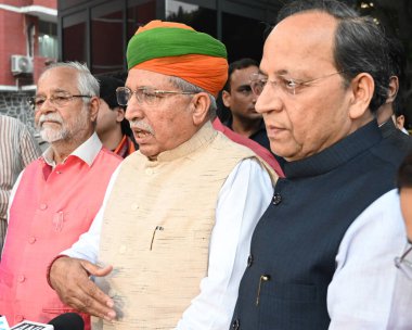 NEW DELHI INDIA NOVEMBER 11 2024 BJP delegation comprising Arjun Ram Meghwal Arun Singh Om Pathak Sanjay Mayukh and Shehzad Poonawalla leaves after meeting with Election Commission of India ECI at Nirvachan Sadan on November 11 2024 in New Delhi Indi clipart