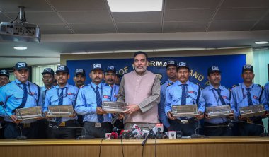 NEW DELHI INDIA NOVEMBER 12 2024 Gopal Rai Environment Minister of Delhi distributes the Electric Heaters to night guards under Winter Action Plan at Delhi Secretariat on November 12 2024 in New Delhi India In addition to RWAs all govt departments in clipart