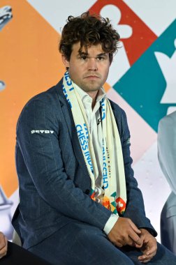 KOLKATA INDIA NOVEMBER 12 2024 Beş kez dünya satranç şampiyonu Magnus Carlsen M, 12 Kasım 2024 tarihinde Taj Bengal 'de düzenlenen 6. TATA Çelik Hindistan turnuvasının açılışında. Fotoğraf: Samir Jana Hindustan Times