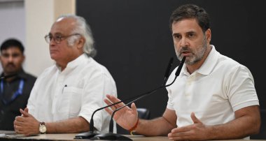 NEW DELHI INDIA NOVEMBER 21 2024 Leader of Opposition in Lok Sabha Rahul Gandhi and congress leader Jairam Ramesh addressing media persons during the Special Congress Party briefing at AICC HQ on November 21 2024 in New Delhi India Photo by Sonu Meht clipart