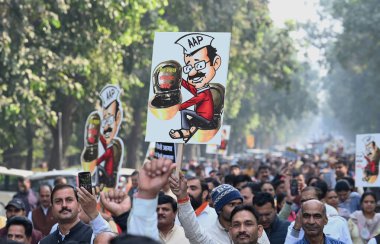 NEW DELHI INDIA NOVEMBER 21 2024 Delhi BJP President Virendra Sachdeva lead protest march accompanied by Delhi MPs and Kailash Gahlot Demanding Reply on Sheeshmahal Scam From Arvind Kejriwal at 5 Ferozshah Road residence of AAP leader Arvind Kejriwal clipart