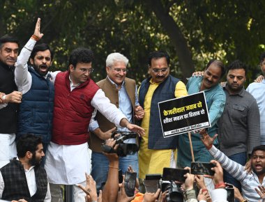 NEW DELHI INDIA NOVEMBER 21 2024 Delhi BJP President Virendra Sachdeva lead protest march accompanied by Delhi MPs and Kailash Gahlot Demanding Reply on Sheeshmahal Scam From Arvind Kejriwal at 5 Ferozshah Road residence of AAP leader Arvind Kejriwal clipart