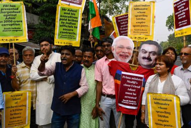 KOLKATA INDIA NOVEMBER 22 2024  Congress supporters shout slogans during protest demanding arrest of Adani Group chairman Gautam Adani over alleged corruption charges on November 22  2024 in Kolkata  India  The protest came after US prosecutors charg clipart