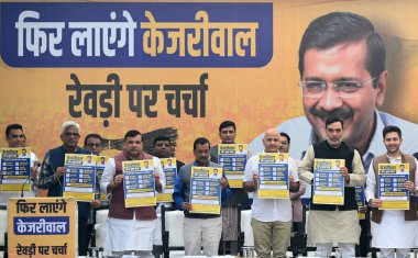 NEW DELHI INDIA NOVEMBER 22 2024   Aam Aadmi Party  AAP  National Convenor Arvind Kejriwal with party leaders Manish Sisodia  Sanjay Singh  Gopal Rai  Raghav chadha Satyendra Jain and others launch  Revdi Par Charcha Campaign  at AAP HQ Ravi Shankar  clipart