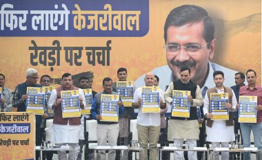 NEW DELHI INDIA NOVEMBER 22 2024   Aam Aadmi Party  AAP  National Convenor Arvind Kejriwal with party leaders Manish Sisodia  Sanjay Singh  Gopal Rai  Raghav chadha Satyendra Jain and others launch  Revdi Par Charcha Campaign  at AAP HQ Ravi Shankar  clipart