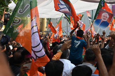 NAVI MUMBAI INDIA NOVEMBER 23: Supporters of BJP candidate from Belapur assembly seat Manda Mhatre celebrate after win at Nerul counting centre on November 23 2024 in Navi Mumbai India Photo by Bachchan Kumar Hindustan Times  clipart