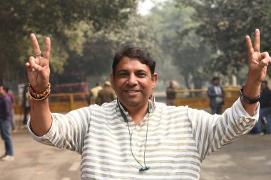 GHAZIABAD INDIA NOVEMBER 23: Ghaziabad BJP candidate Sanjeev Sharma won the assembly bypoll and defeated his nearest Samajwadi Party rival Singhraj Jatav by a margin of about 69000 votes after the counting held on November 23 2024 in Ghaziabad India  clipart