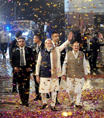 NEW DELHI INDIA NOVEMBER 23: Prime Minister Narendra Modi and BJP President JP Nadda arrives to celebrates after Assembly Election result at BJP HQ on November 23 2024 in New Delhi India The BJP led Mahayuti alliance is on course to retain power in M clipart