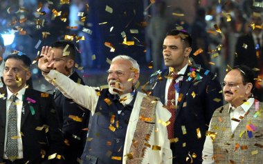 NEW DELHI INDIA NOVEMBER 23: Prime Minister Narendra Modi and BJP President JP Nadda arrives to celebrates after Assembly Election result at BJP HQ on November 23 2024 in New Delhi India The BJP led Mahayuti alliance is on course to retain power in M clipart