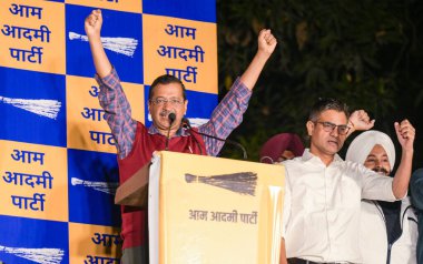 NEW DELHI INDIA NOVEMBER 23: Aam Aadmi Party AAP National Convenor Arvind Kejriwal during the celebrating the and address party volunteers on the Punjab by election victory at Party Headqauter in Pt Ravi Shankar Shukla Lane on November 23 2024 in New clipart